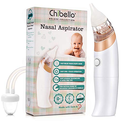 Chibello Bebé aspirador nasal - Proporciona la nariz aspiración segura y suavemente limpia la mucosidad de Infante - a batería con 3 tamaños de puntas de silicona