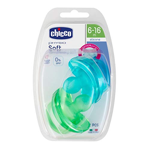 Chicco Physio Soft, Pack de 2 Chupetes de Silicona, 6-16m, Azul/Verde