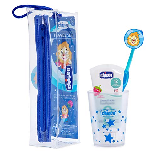 Chicco - Set cepillo de viaje: cepillo d edientes + pasta + estuche + vaso, color azul