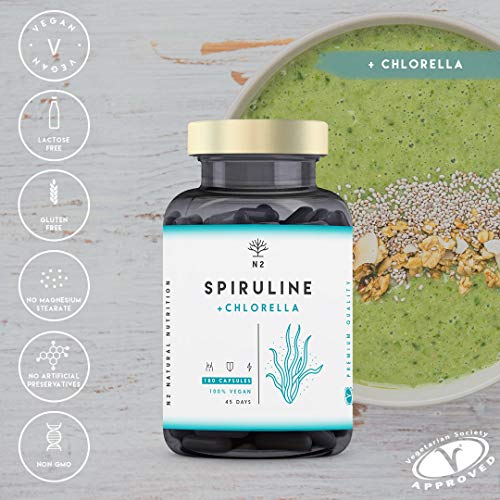 Chlorella Espirulina.Spirulina Potente DETOX Antioxidante-Sistema Inmunitario-Proteinas Vegetales-Hierro-Elimina Metales-Probiotico-180 Capsulas Vegetal.1250mg.Certificado Vegano.N2 Natural Nutrition