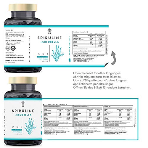 Chlorella Espirulina.Spirulina Potente DETOX Antioxidante-Sistema Inmunitario-Proteinas Vegetales-Hierro-Elimina Metales-Probiotico-180 Capsulas Vegetal.1250mg.Certificado Vegano.N2 Natural Nutrition