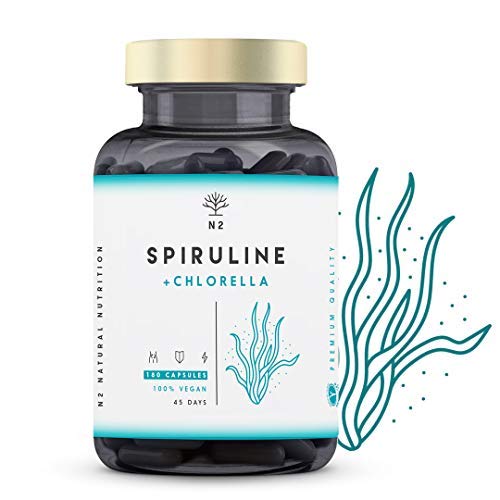 Chlorella Espirulina.Spirulina Potente DETOX Antioxidante-Sistema Inmunitario-Proteinas Vegetales-Hierro-Elimina Metales-Probiotico-180 Capsulas Vegetal.1250mg.Certificado Vegano.N2 Natural Nutrition