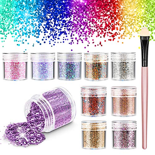 Chunky Purpurina para el rostro, Cara y Cuerpo Maquillaje Glitter Paillette Brillante Decoración Para Pelo, Uñas y Mejilla -10 cajas