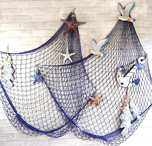Chytaii Decorativa Red de Pesca Náutica Decorativa Adorno Colgante de Pared con Conchas Estilo Mediterráneo Pared de Fondo Cuerda de Cáñamo Azul 2x1,5m