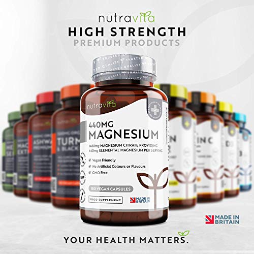 Citrato de Magnesio 1480mg que Proporciona 440mg Alta Dosis de Magnesio Elemental - Alta Biodisponibilidad - 180 Cápsulas Veganos - Suministro 90 Días - Fabricado en el Reino Unido por Nutravita