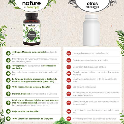 Citrato de Magnesio Premium 2580mg Alta dosificación - 400mg de Magnesio puro elemental + Vitamina B12 y B6 por dosis diaria- 180 cápsulas veganas sin aditivos- Fabricado en Alemania