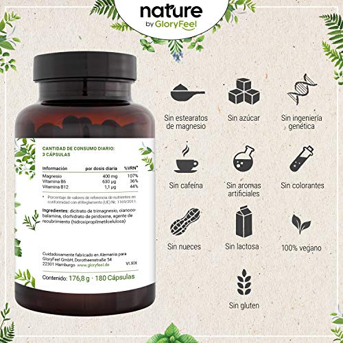 Citrato de Magnesio Premium 2580mg Alta dosificación - 400mg de Magnesio puro elemental + Vitamina B12 y B6 por dosis diaria- 180 cápsulas veganas sin aditivos- Fabricado en Alemania