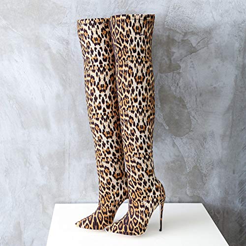 CJCJ-LOVE Botas Con Estampado De Leopardo Para Mujer, Botas Sexis Por Encima De La Rodilla Para Mujer, Botas Altas De Tela De Tacón Alto Con Tacón De Aguja Y Punta Estrecha,Multi colored,45