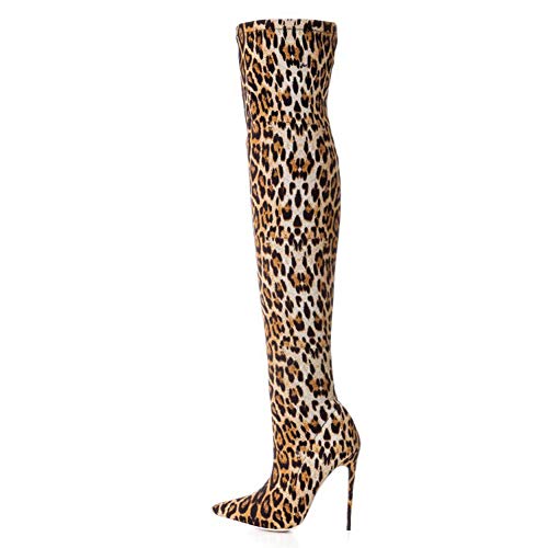 CJCJ-LOVE Botas Con Estampado De Leopardo Para Mujer, Botas Sexis Por Encima De La Rodilla Para Mujer, Botas Altas De Tela De Tacón Alto Con Tacón De Aguja Y Punta Estrecha,Multi colored,45