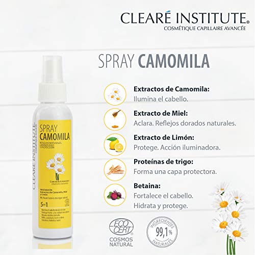 Clearé Institute Spray Camomila - Brillo, suavidad y Tacto Sedoso | Reflejos Dorados Naturales | 99% Ingredientes Naturales | Repara Cabello Dañado | Con Extracto de Camomila, Limón y Miel - 125ml