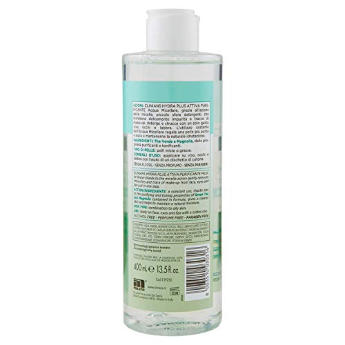 CLINIANS HYDRA PLUS agua purificadora micelar activa para pieles mixtas o grasas, con Té Verde y Magnolia, 400 mL