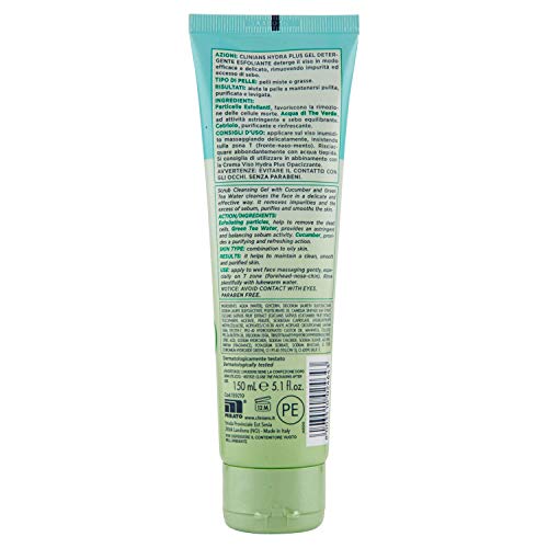 CLINIANS HYDRA PLUS gel limpiador facial exfoliante activo purificante para pieles mixtas o grasas, con Agua de Pepino y Té Verde, 150 mL