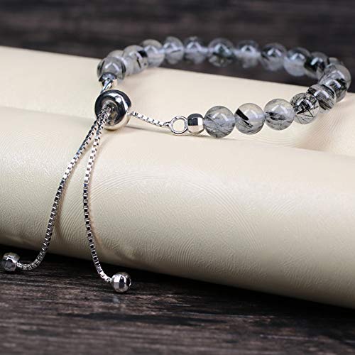 COAI Pulsera Deslizante de 925 Plata Esterlina con Piedra Cuarzo Negro Rutilado para Mujer