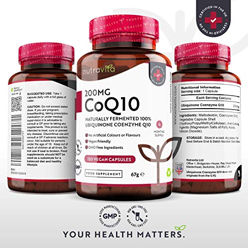 Coenzima Q10 200 mg - 100% Pura Fermentada Naturalmente - 120 Cápsulas Veganas de CoQ10 de Alta Potencia - Suministro para 4 Meses - Producto Elaborado en el Reino Unido por Nutravita