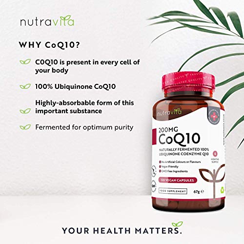 Coenzima Q10 200 mg - 100% Pura Fermentada Naturalmente - 120 Cápsulas Veganas de CoQ10 de Alta Potencia - Suministro para 4 Meses - Producto Elaborado en el Reino Unido por Nutravita