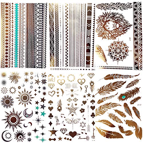 COKTAK 6 Hojas Dorado Metálico Tatuajes temporales mujeres Bohemian Luna estrella león Pulsera Gran Boho Joyería falsa Flash tatuaje Pegatina Chicas Brazo Brillo Pluma Temporary Tattoo Oro