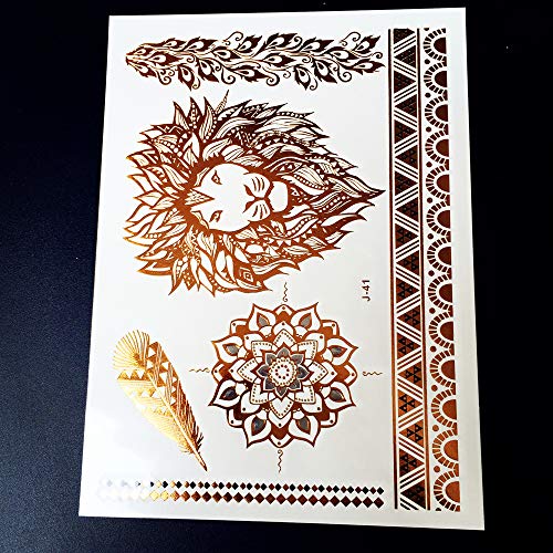 COKTAK 6 Hojas Dorado Metálico Tatuajes temporales mujeres Bohemian Luna estrella león Pulsera Gran Boho Joyería falsa Flash tatuaje Pegatina Chicas Brazo Brillo Pluma Temporary Tattoo Oro
