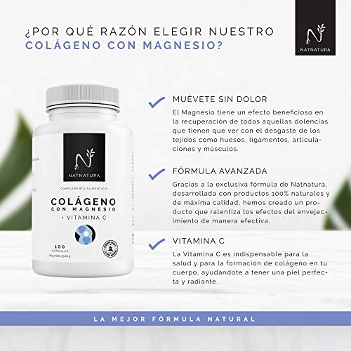 Colágeno con magnesio. Colágeno PEPTAN ® marino hidrolizado+magnesio+Ácido hialurónico+vitamina C. Potente suplemento para mantenimiento de articulaciones, cartílagos, huesos y piel. 100 cápsulas