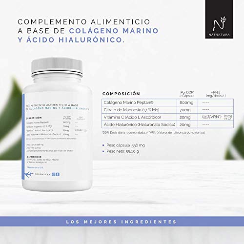 Colágeno con magnesio. Colágeno PEPTAN ® marino hidrolizado+magnesio+Ácido hialurónico+vitamina C. Potente suplemento para mantenimiento de articulaciones, cartílagos, huesos y piel. 100 cápsulas