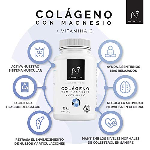 Colágeno con magnesio. Colágeno PEPTAN ® marino hidrolizado+magnesio+Ácido hialurónico+vitamina C. Potente suplemento para mantenimiento de articulaciones, cartílagos, huesos y piel. 100 cápsulas