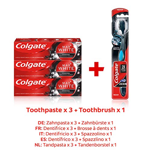 Colgate Kit Blanqueador al Carbón con Pasta de Dientes Max White Carbón (3 x 75 ml) y Cepillo Blanqueador Max White 360 (1 unidad)