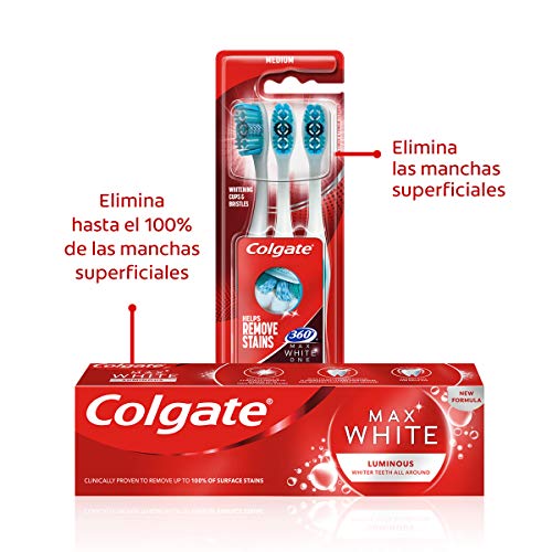 Colgate Kit Blanqueador con Pasta de Dientes Max White Luminous (3 x 75 ml) y Cepillo Blanqueador Max White One 360 (pack de 3 unidades)