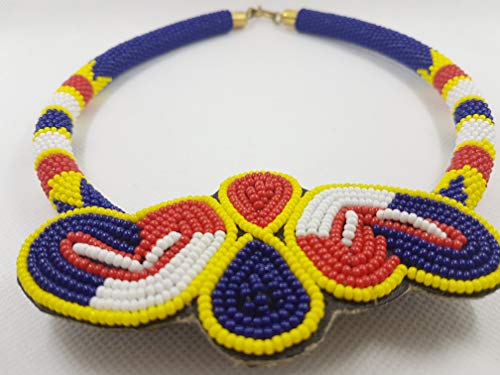 Collar étnico para mujer, gargantilla hecha de perlas azules originales Masai étnica azules con motivo de máscara