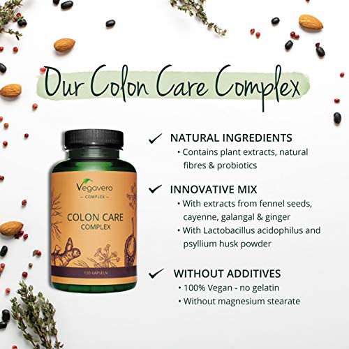 Colon Care Complex Vegavero® | Detox + Digestión + Limpieza Intestinal + Colon Irritable + Toxinas | 120 Cápsulas | Probióticos con Jengibre + Psyllium + Hinojo + Capsicum Annuum