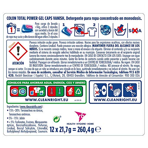 Colon Total Power Gel Caps Vanish - Detergente para Lavadora con agentes quitamanchas, Formato Cápsulas - 12 dosis