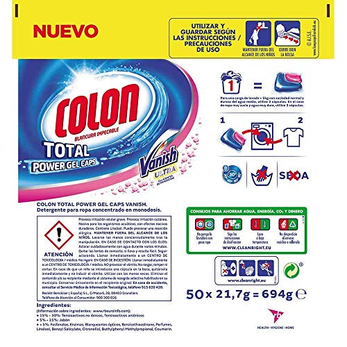 Colon Total Power Gel Caps Vanish Detergente para Lavadora con Agentes Quitamanchas, Formato Cápsulas - 50 Dosis