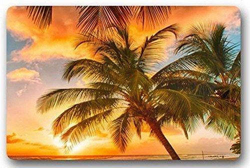 Comfort&products Alfombra Tropical Paradise Beach with Palm Trees and Theeaocean Gate Rectangle Front Alfombra Large Outdoor Indoor Entrance Doormat Durable Rug Size: 19.5 * 31.5 Inch