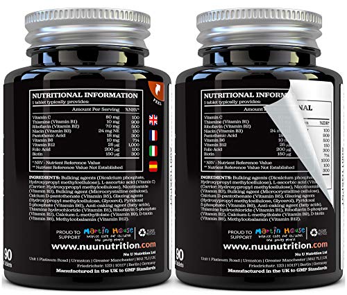 Complejo de Vitamina B - 8 Vitaminas B de Alta Potencia y Vitamina C - Vitaminas B1, B2, B3, B5, B6, B8, B9 y B12-90 Comprimidos de Liberación Sostenida - Suministro Para 3 Meses - Vegano