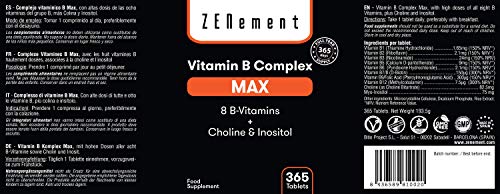 Complejo vitaminico B Max, 365 Comprimidos | 8 Vitaminas B + Colina & Inositol. | El más completo y con altas dosis | Vegano | de Zenement