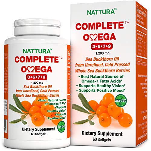 COMPLETO OMEGA 3-6-7-9 *Máxima Calidad, Aceite Puro De Espino Cerval De Mar Sin Refinar, Bayas Silvestres Enteras De Espino Cerval De Mar Prensadas En Frío - No GMO, Certificado Kosher, Cgmp - 1200mg