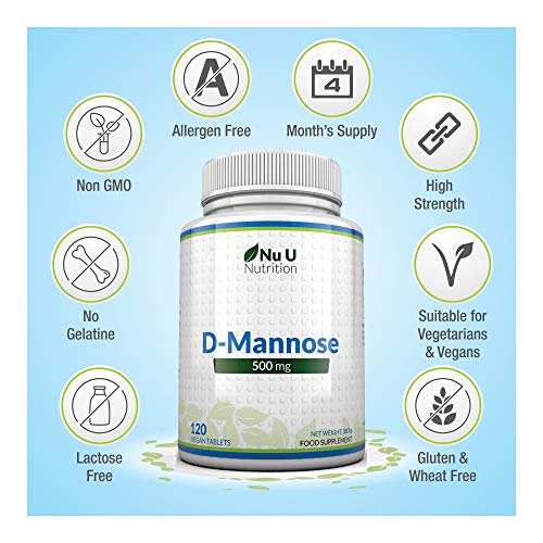 Comprimidos de D-Manosa de 500mg | 120 comprimidos | Alta Potencia | Libre de Alérgenos y Apto para Vegetarianos y Veganos | No Son Cápsulas Ni Polvo de D-Manosa