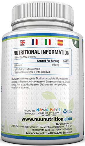 Comprimidos de D-Manosa de 500mg | 120 comprimidos | Alta Potencia | Libre de Alérgenos y Apto para Vegetarianos y Veganos | No Son Cápsulas Ni Polvo de D-Manosa
