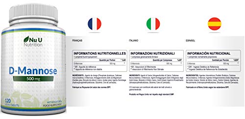 Comprimidos de D-Manosa de 500mg | 120 comprimidos | Alta Potencia | Libre de Alérgenos y Apto para Vegetarianos y Veganos | No Son Cápsulas Ni Polvo de D-Manosa