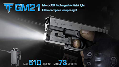 Comunite GM21 - Luz LED para pistola (510 lúmenes, recargable, con riel ajustable, montaje de liberación rápida para Glock, Springfield, Sig Sauer)