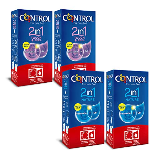 CONTROL Kit de 4 cajas de preservativos 2in1: 2 cajas Nature + 2 cajas Touch&Feel, 24 ud. - 12 kits que contienen 1 preservativo y 1 dosis de gel lubricante, Touch & Feel con puntos y estrías externos