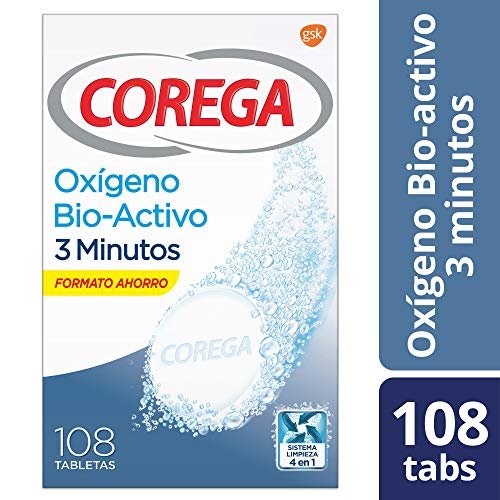 Corega Oxígeno Bio-Activo 3 Minutos Tabletas Limpiadoras para Prótesis Dentales, Férula Dental y Ortodoncia - 108 tabletas
