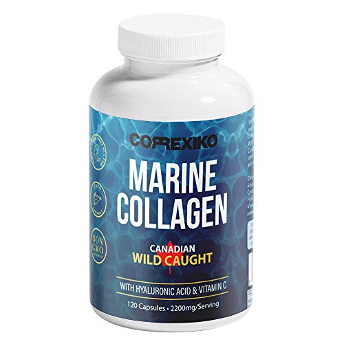 CORREXIKO Colágeno Marino con acido hialuronico en alta dosis cápsulas 2200mg (Pescado Capturado En Canadá, no criado en granjas) con Vitamina C, Zinc, Selenio - Antiedad (sin Estearato de Magnesio)