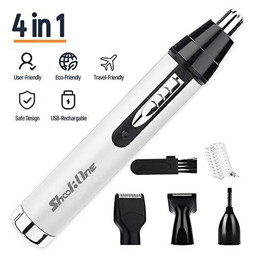 Cortapelos Nariz, Recortador de Vello Nariz/Orejas/Ceja/Barba, 4 en 1 USB Recargable Set de Depiladora con 4 Cabezas de Reemplazo de Acero Inoxidable
