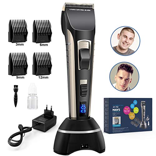 Cortapelos Profesional, Aiemok ultra silenciosa Recortadora de Barba y Pelo, Recargable Máquina Cortar Pelo Cuchilla Titanio Cortapelos Hombre con 4 Ajustes de Longitud, pantalla LCD, Traje Familiar