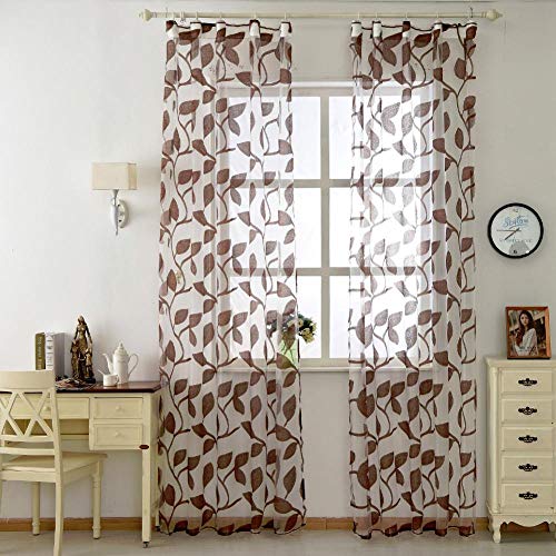Cortinas de tul de organza diseño de hojas telas blancas transparentes cortinas para puertas de cocina cortinas transparentes para ventanas de panel transparente, marrón, l100 cm l200 cm, 3 pestañas