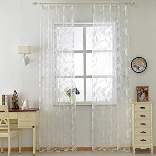 Cortinas de tul de organza diseño de hojas telas blancas transparentes cortinas para puertas de cocina cortinas transparentes para ventanas de panel transparente, marrón, l100 cm l200 cm, 3 pestañas