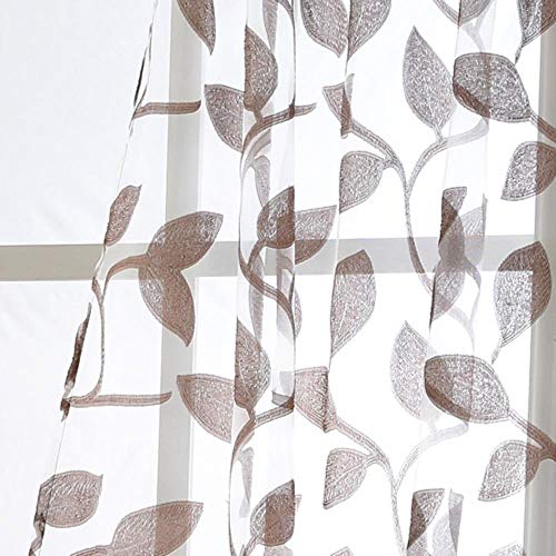 Cortinas de tul de organza diseño de hojas telas blancas transparentes cortinas para puertas de cocina cortinas transparentes para ventanas de panel transparente, marrón, l100 cm l200 cm, 3 pestañas