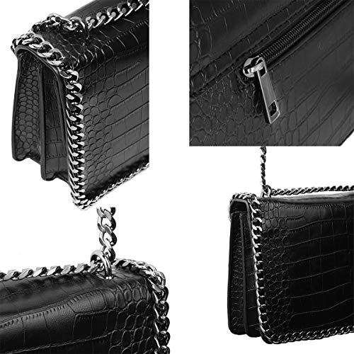 CRAZYCHIC - Bolso Cocodrilo Mujer - Bolso Bandolera Cadena Acolchado Piel Cuero PU Señora - Grande Mensajero Clutch Pochette Crossbody Bag - Bolso Cruzado Embrague Noche Negro