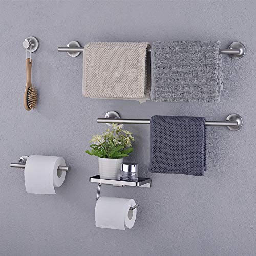 CREA accesorios de baño juego de acero inoxidable, toallero soporte para papel higiénico gancho para toallas con estante montaje en pared juego de accesorios de 5 piezas cepillado