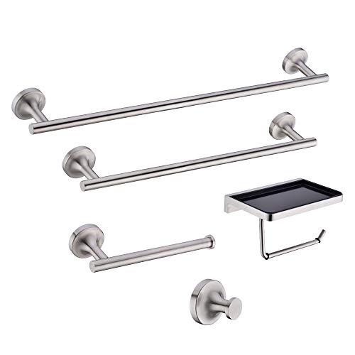 CREA accesorios de baño juego de acero inoxidable, toallero soporte para papel higiénico gancho para toallas con estante montaje en pared juego de accesorios de 5 piezas cepillado
