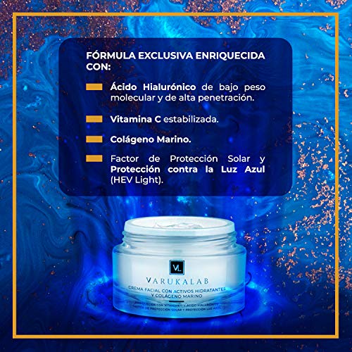 Crema hidratante antiarrugas con ácido hialurónico, vitamina C, colágeno marino y protección solar SPF30 + luz azul. Tratamiento antiedad día/noche, antimanchas y reafirmante hombre/mujer